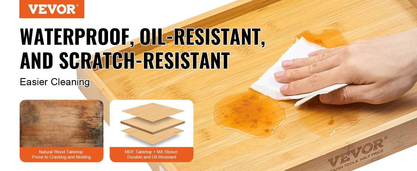 hand cleaning VEVOR bed tray table showcasing waterproof, oil-resistant, and scratch-resistant features.