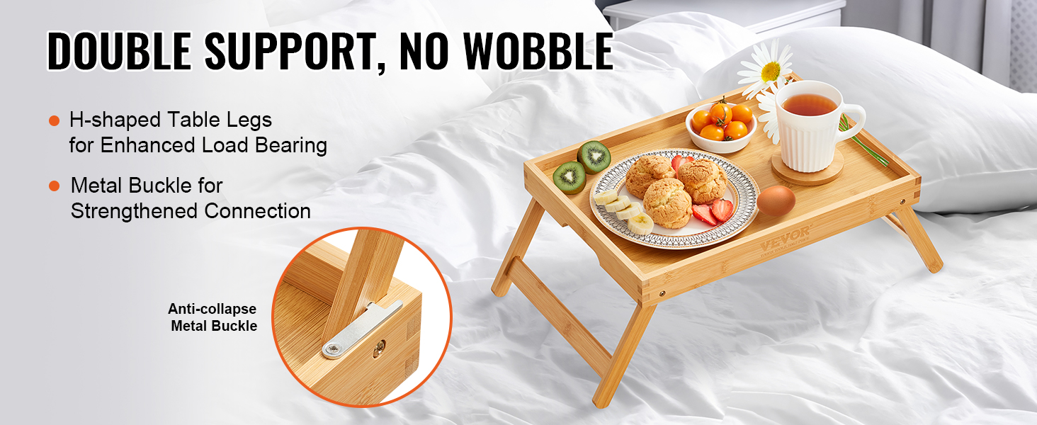 VEVOR bed tray table with sturdy h-shaped legs, metal buckle, and a breakfast spread on a bed.