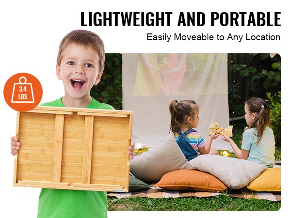 boy holding VEVOR bed tray table, two children sitting on cushions outdoors, text: lightweight and portable.