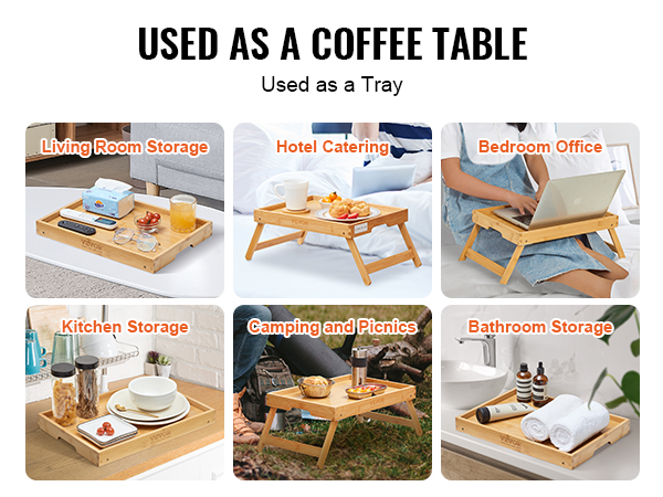 VEVOR bed tray table used for living room, hotel catering, bedroom office, kitchen, camping, and bathroom.