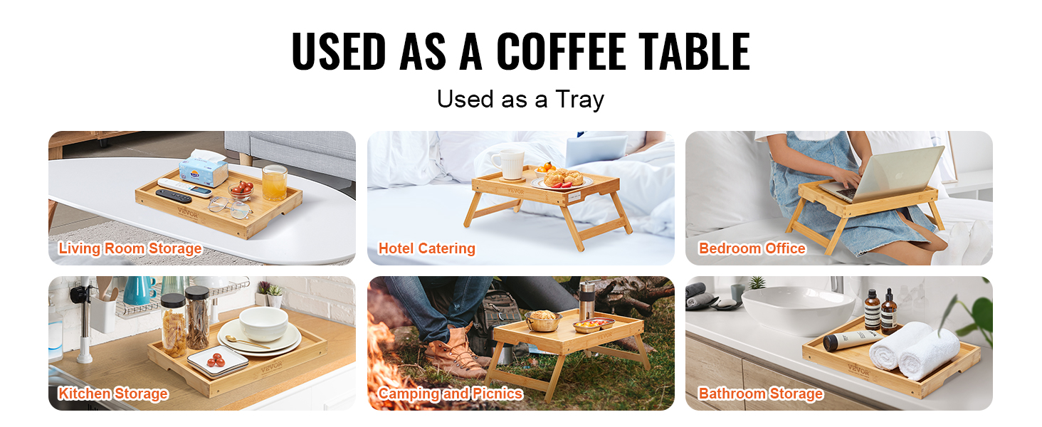 VEVOR bed tray table used for living room, hotel catering, bedroom office, kitchen, camping, and bathroom.