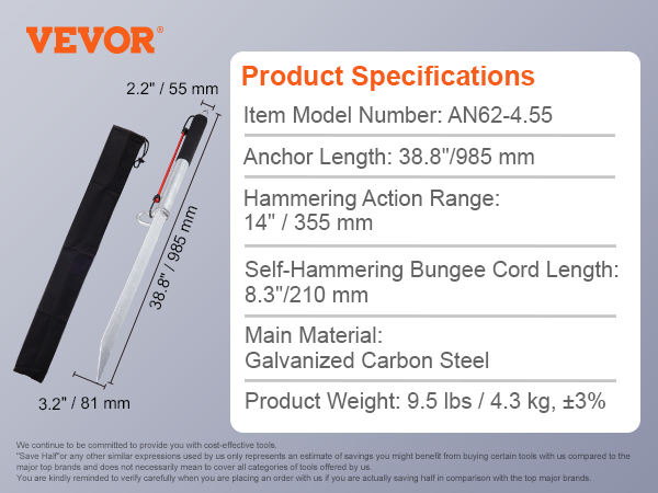 VEVOR sand spike anchor, 38.8"/985 mm galvanized carbon steel, with 14"/355 mm hammering action.