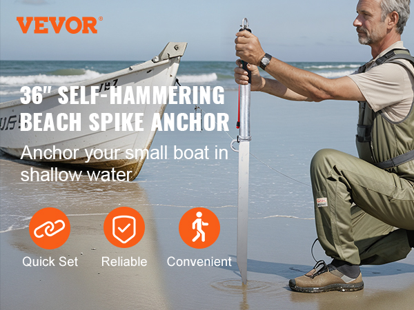 man using VEVOR sand spike anchor to secure small boat on a beach, with quick set, reliable, and convenient icons.