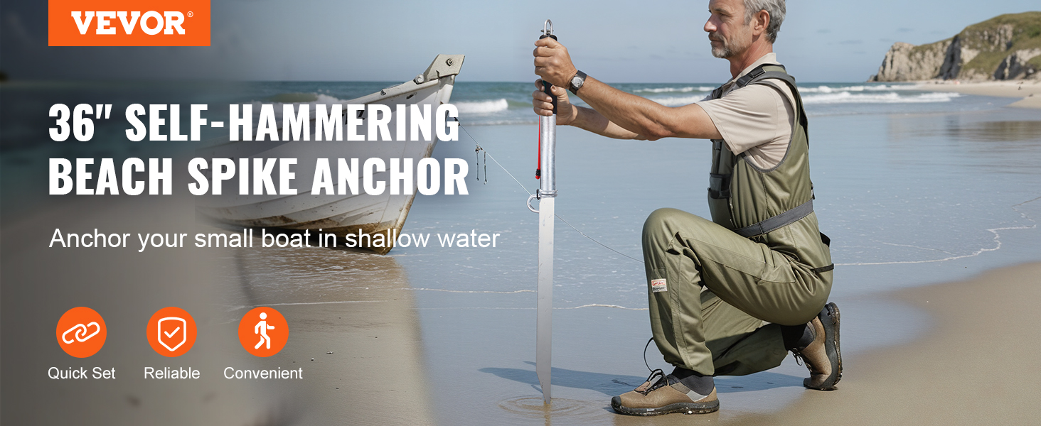 man using VEVOR sand spike anchor to secure small boat on a beach, with quick set, reliable, and convenient icons.