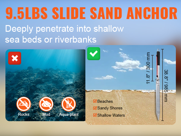VEVOR sand spike anchor for beaches, sandy shores, shallow waters. avoid rocks, mud, and aquatic plants.