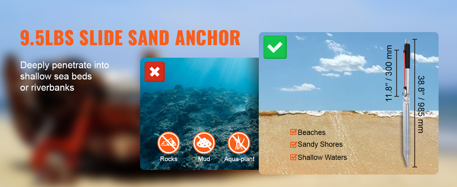 VEVOR sand spike anchor for beaches, sandy shores, shallow waters. avoid rocks, mud, and aquatic plants.