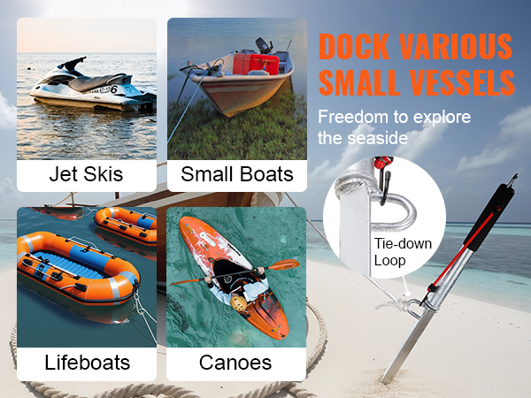boat docked on sandy beach using VEVOR sand spike anchor, ideal for jet skis, small boats, lifeboats, and canoes.