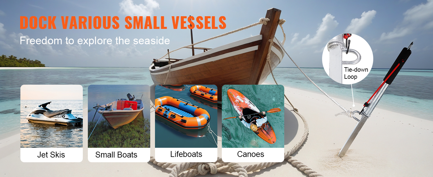 boat docked on sandy beach using VEVOR sand spike anchor, ideal for jet skis, small boats, lifeboats, and canoes.