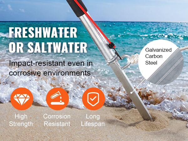 VEVOR sand spike anchor in coastal sand with waves, corrosion-resistant, high strength, long lifespan.