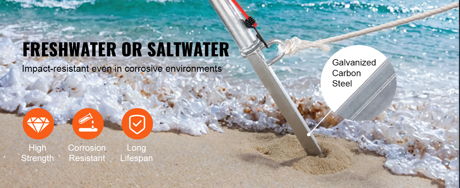VEVOR sand spike anchor in coastal sand with waves, corrosion-resistant, high strength, long lifespan.