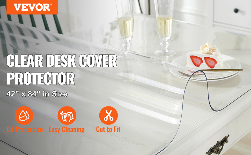 VEVOR clear desk cover protecting a table set with champagne and dessert.