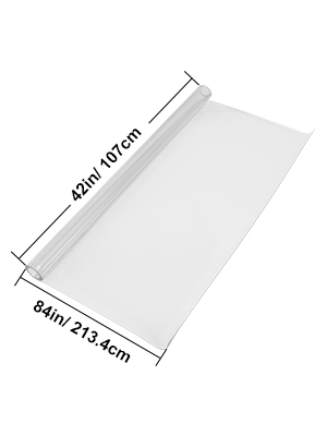 VEVOR clear table cover, 42x84 inches, rolled out with dimensions shown.