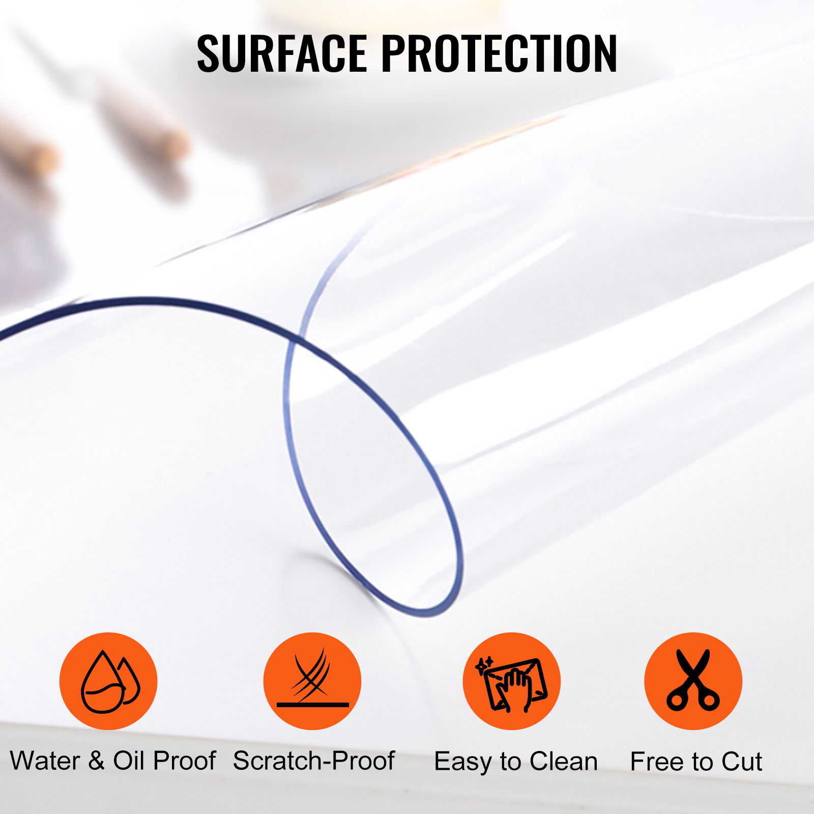 VEVOR clear table cover rolled out, highlighting water and oil proof, scratch-proof features.