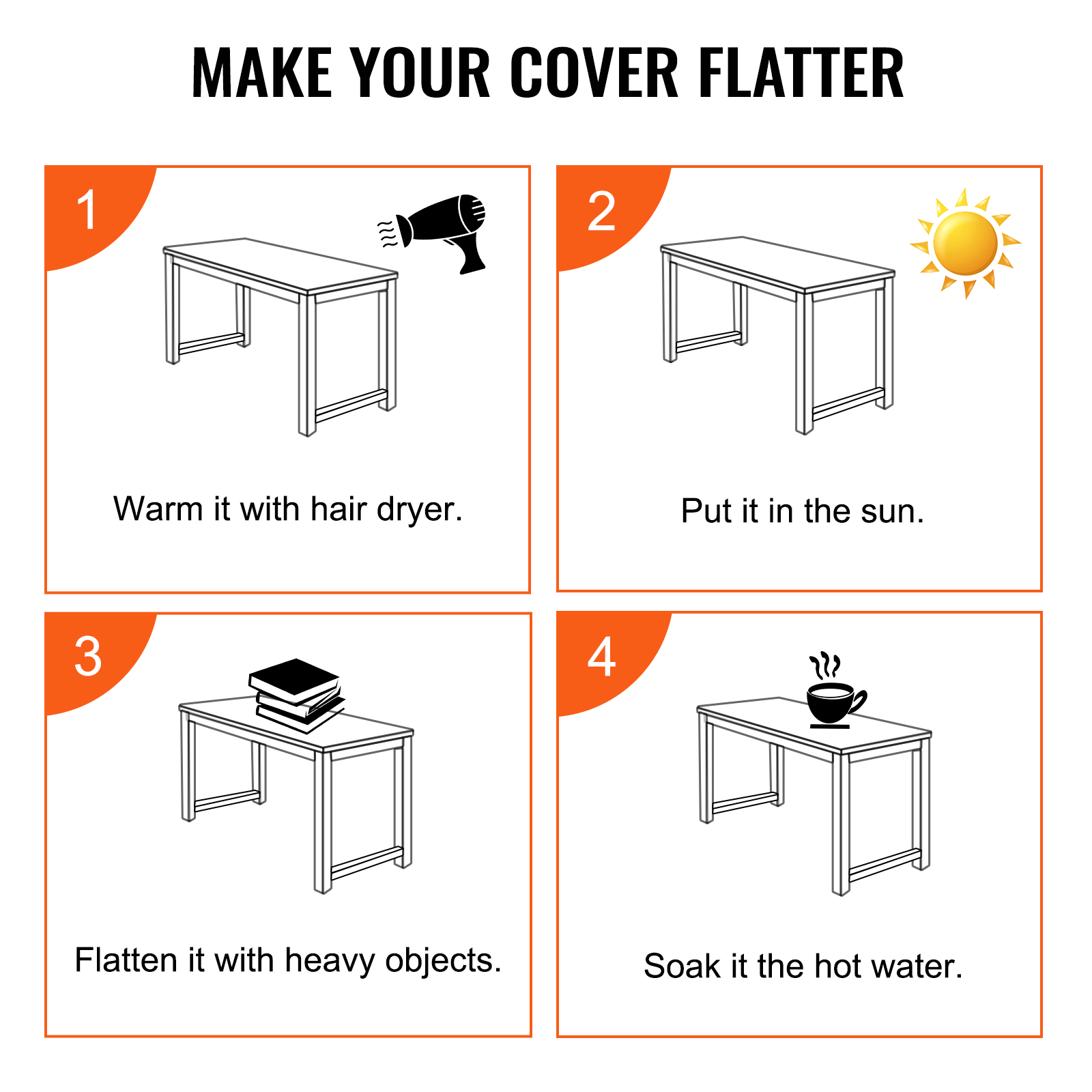 steps to flatten a VEVOR clear table cover: hair dryer, sun, heavy objects, hot water.
