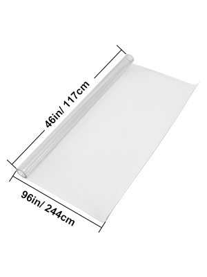 VEVOR clear table cover, 46x96 inches, transparent roll, dimensions labeled.