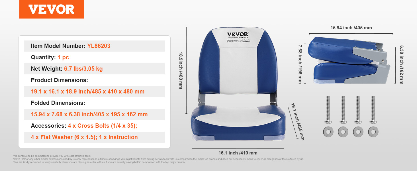 blue and white VEVOR boat seat, model yl86203, with product dimensions and included accessories.