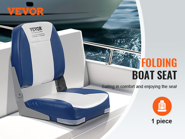 VEVOR folding boat seat with blue and white design on a boat by the sea.