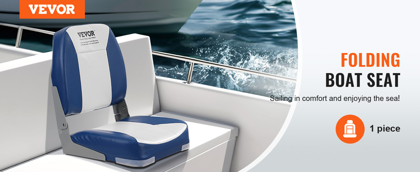 VEVOR folding boat seat with blue and white design on a boat by the sea.