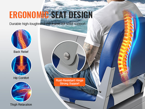 ergonomic VEVOR boat seat for back relief, hip comfort, thigh relaxation, rust-resistant hinge, strong support.