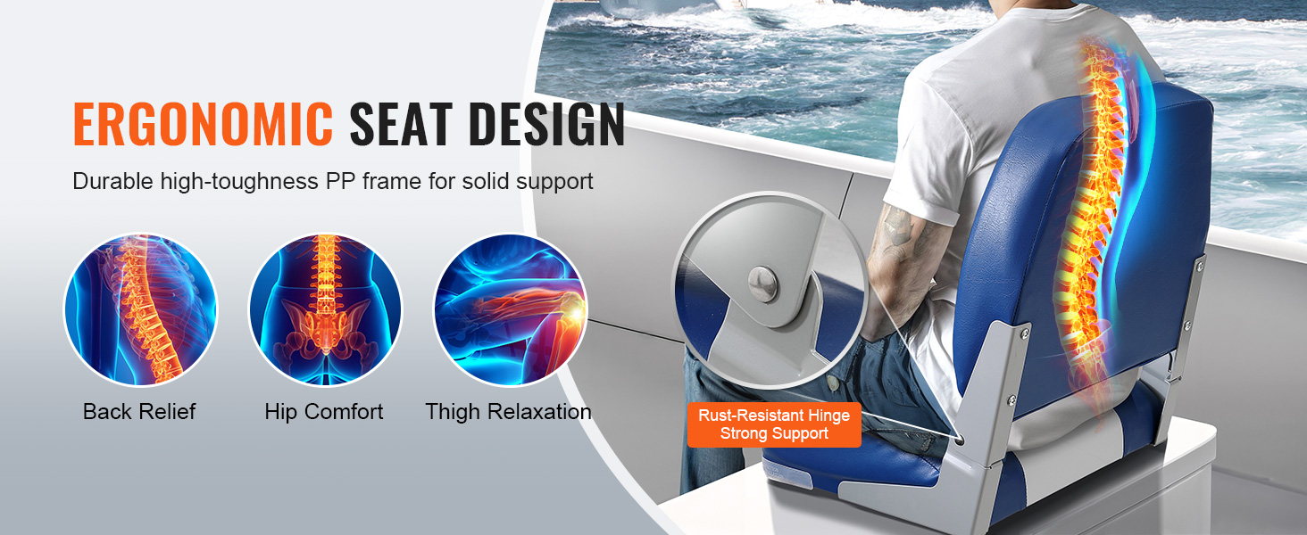 ergonomic VEVOR boat seat for back relief, hip comfort, thigh relaxation, rust-resistant hinge, strong support.