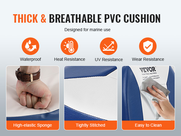 thick and breathable VEVOR boat seat with waterproof, heat and uv resistance, and easy to clean.