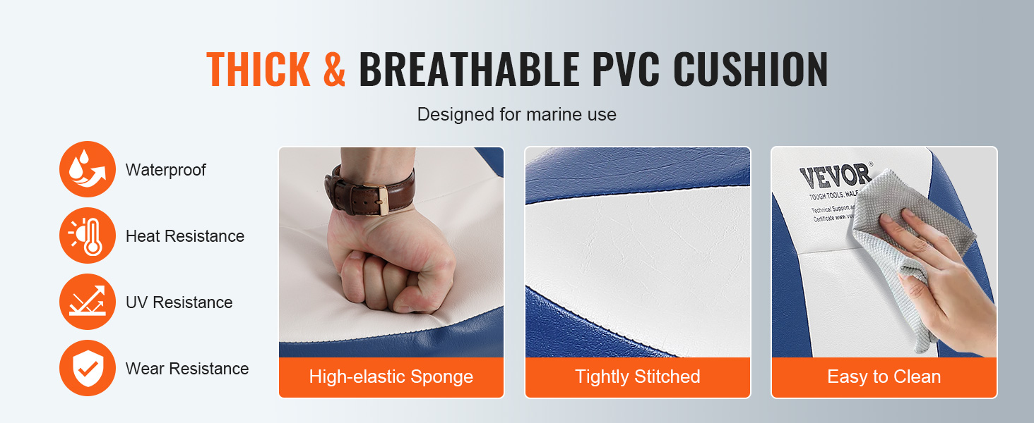 thick and breathable VEVOR boat seat with waterproof, heat and uv resistance, and easy to clean.