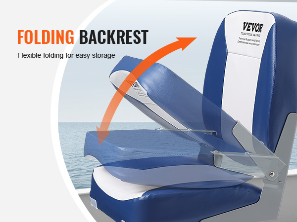 VEVOR boat seat with blue and white design, showcasing folding backrest near the sea.