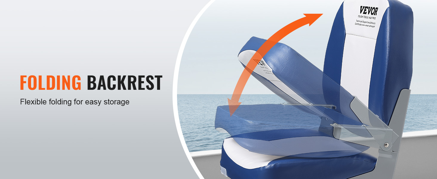 VEVOR boat seat with blue and white design, showcasing folding backrest near the sea.