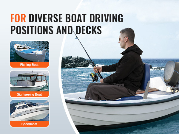 VEVOR boat seat on fishing boat for diverse driving positions and decks, including sightseeing and speedboat.