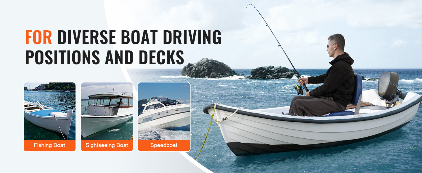 VEVOR boat seat on fishing boat for diverse driving positions and decks, including sightseeing and speedboat.