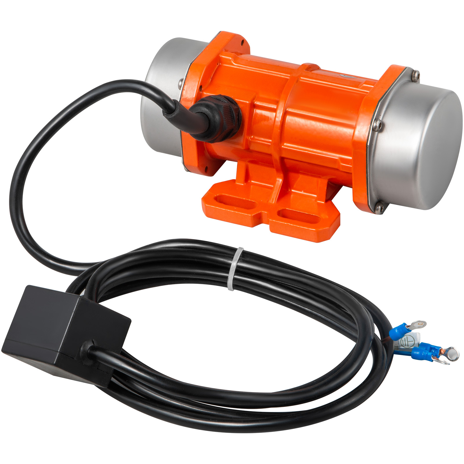 orange VEVOR concrete vibrator with black power cable and connectors