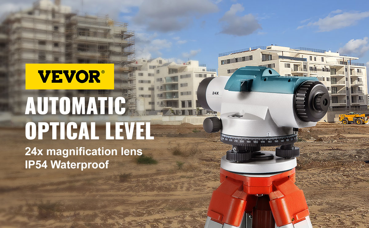 VEVOR automatic optical level with 24x magnification on a construction site.