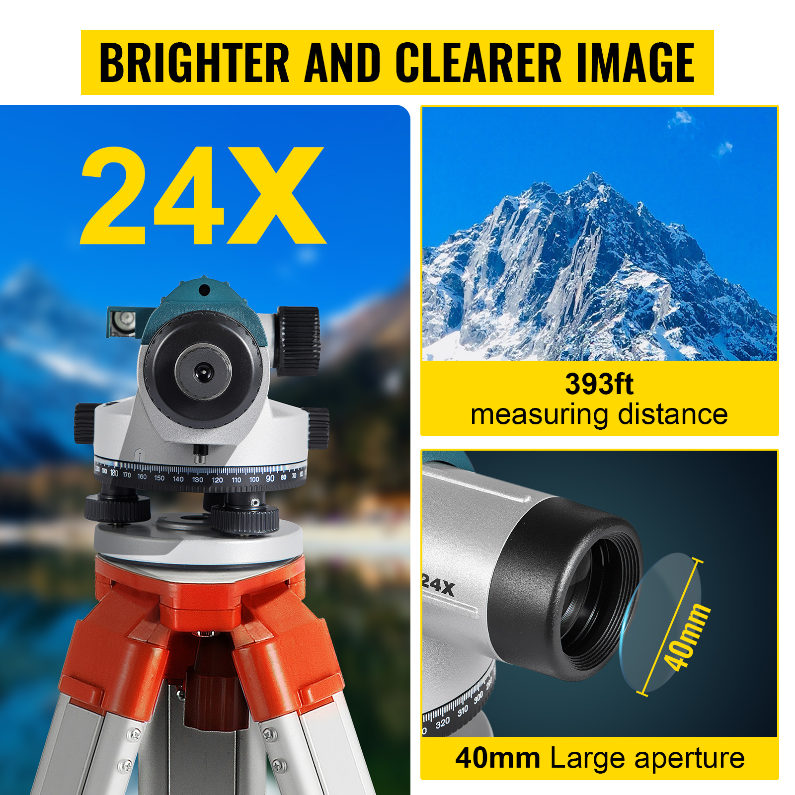 VEVOR automatic optical level with 24x magnification, 393ft distance, 40mm aperture.