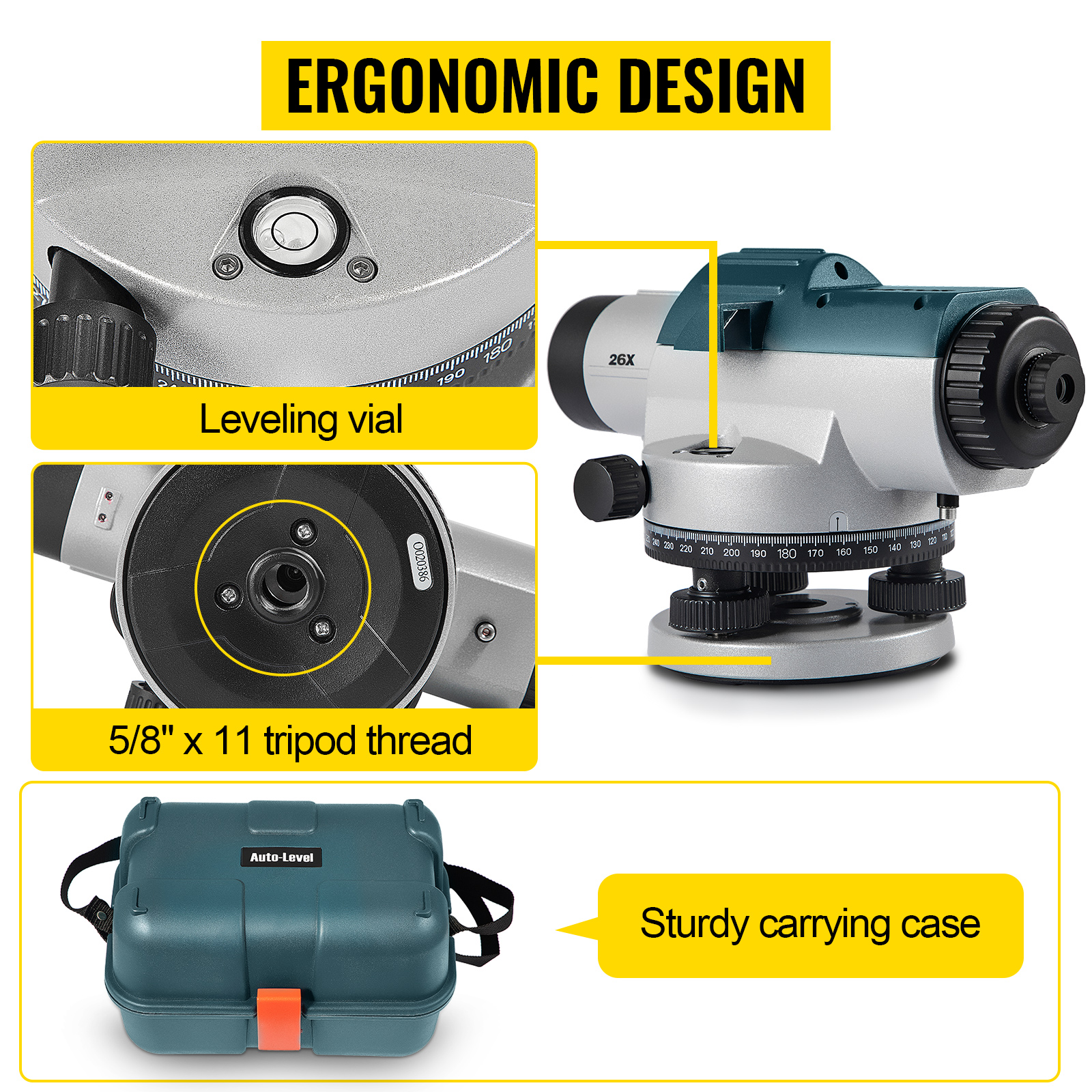 VEVOR automatic optical level with leveling vial, tripod thread, and carrying case.