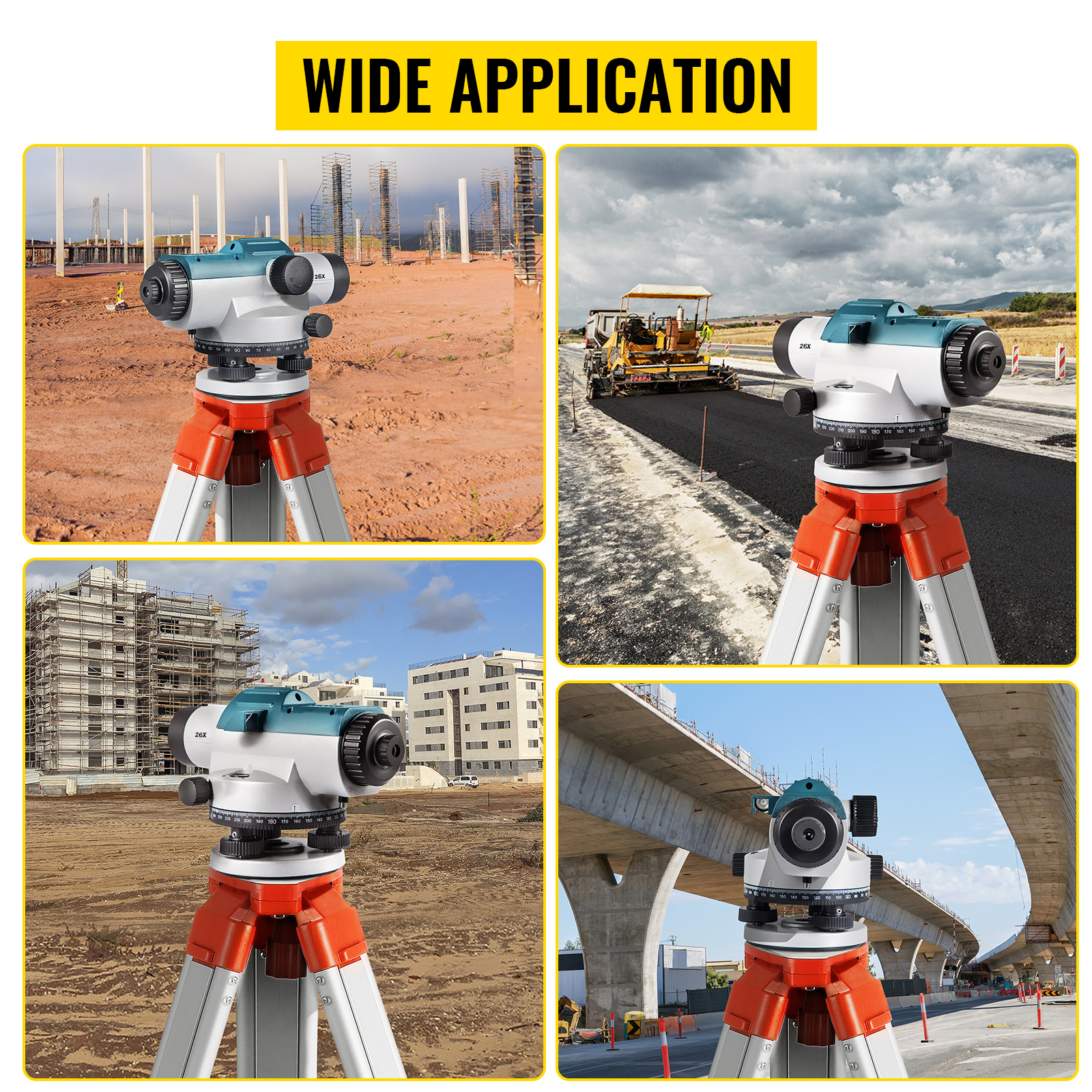 VEVOR automatic optical level on tripod at construction site, roadwork, and bridge project.