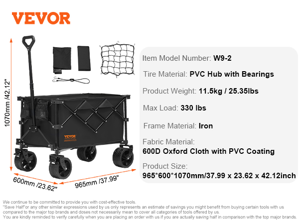 VEVOR collapsible wagon with pvc hub wheels, iron frame, and 600d oxford cloth, max load 330 lbs.