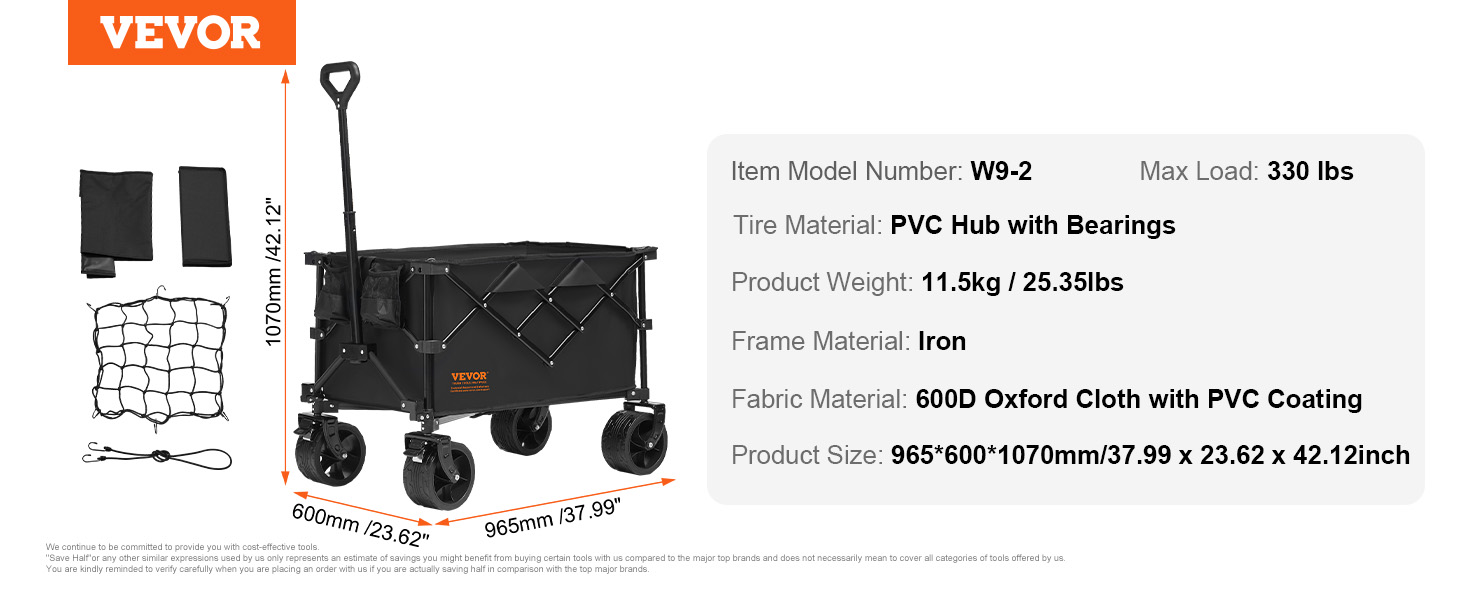 VEVOR collapsible wagon with pvc hub wheels, iron frame, and 600d oxford cloth, max load 330 lbs.