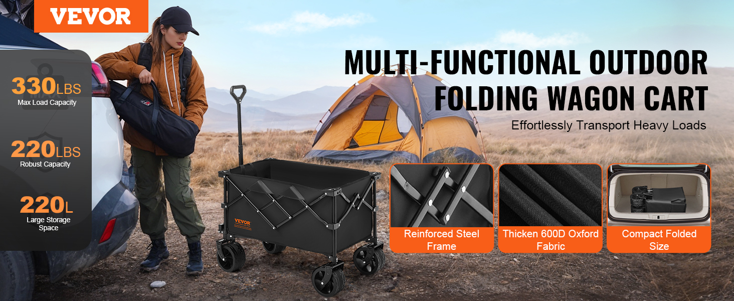 VEVOR collapsible wagon showcased outdoors, highlighting 330lbs capacity, reinforced steel frame, and compact size.
