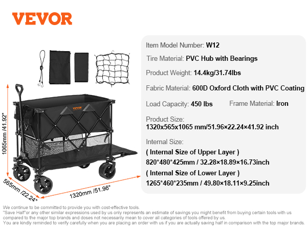 VEVOR foldable double decker wagon, iron frame, pvc bearings, 450 lbs load, 600d oxford fabric.