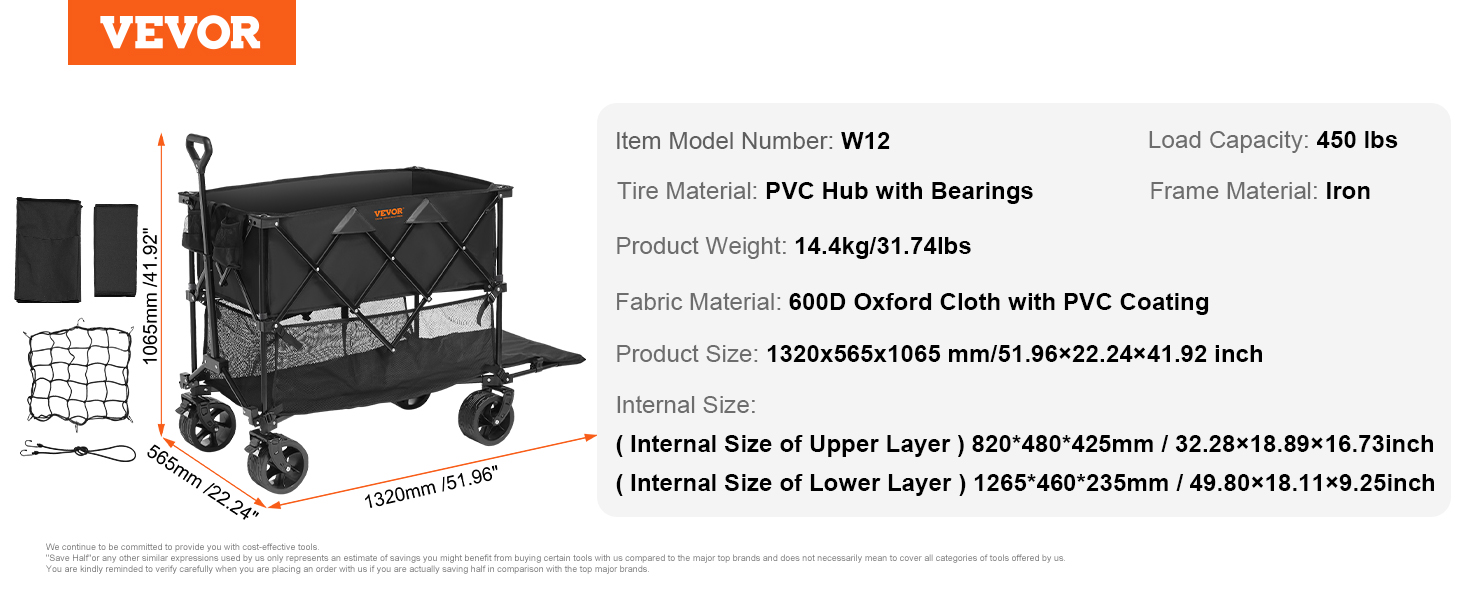 VEVOR foldable double decker wagon, iron frame, pvc bearings, 450 lbs load, 600d oxford fabric.