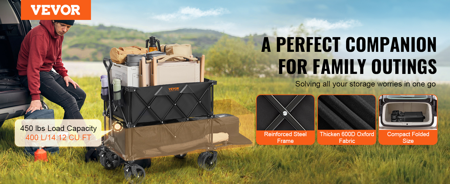 VEVOR foldable double decker wagon for family outings, 450 lbs load, reinforced steel, compact size.