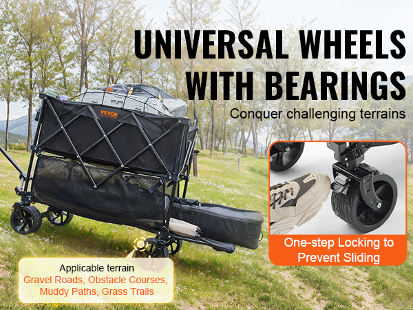VEVOR foldable double decker wagon with universal wheels, ideal for rough terrains like gravel roads.