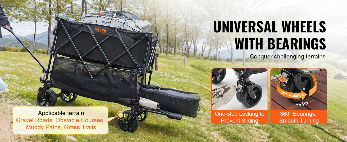 VEVOR foldable double decker wagon with universal wheels, ideal for rough terrains like gravel roads.