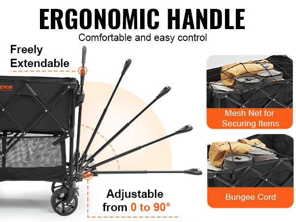VEVOR foldable double decker wagon with ergonomic handle, extendable and adjustable from 0 to 90 degrees.