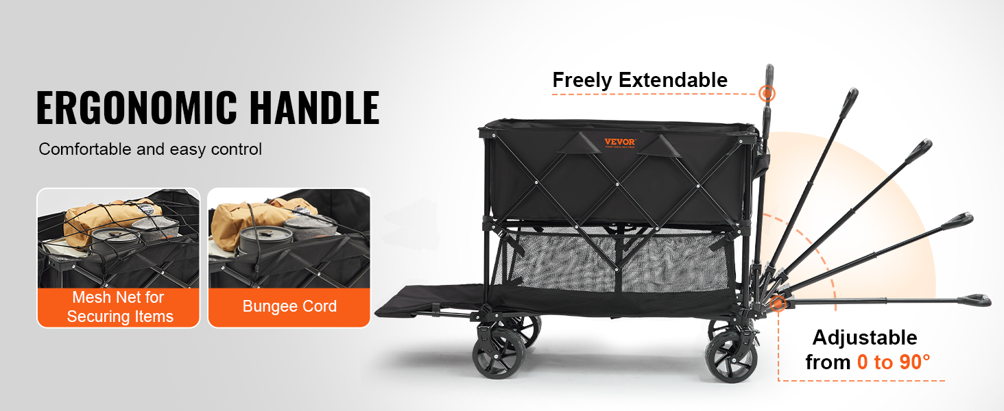 VEVOR foldable double decker wagon with ergonomic handle, extendable and adjustable from 0 to 90 degrees.