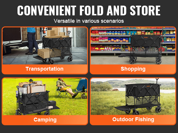 VEVOR foldable double decker wagon for transportation, shopping, camping, and outdoor fishing.