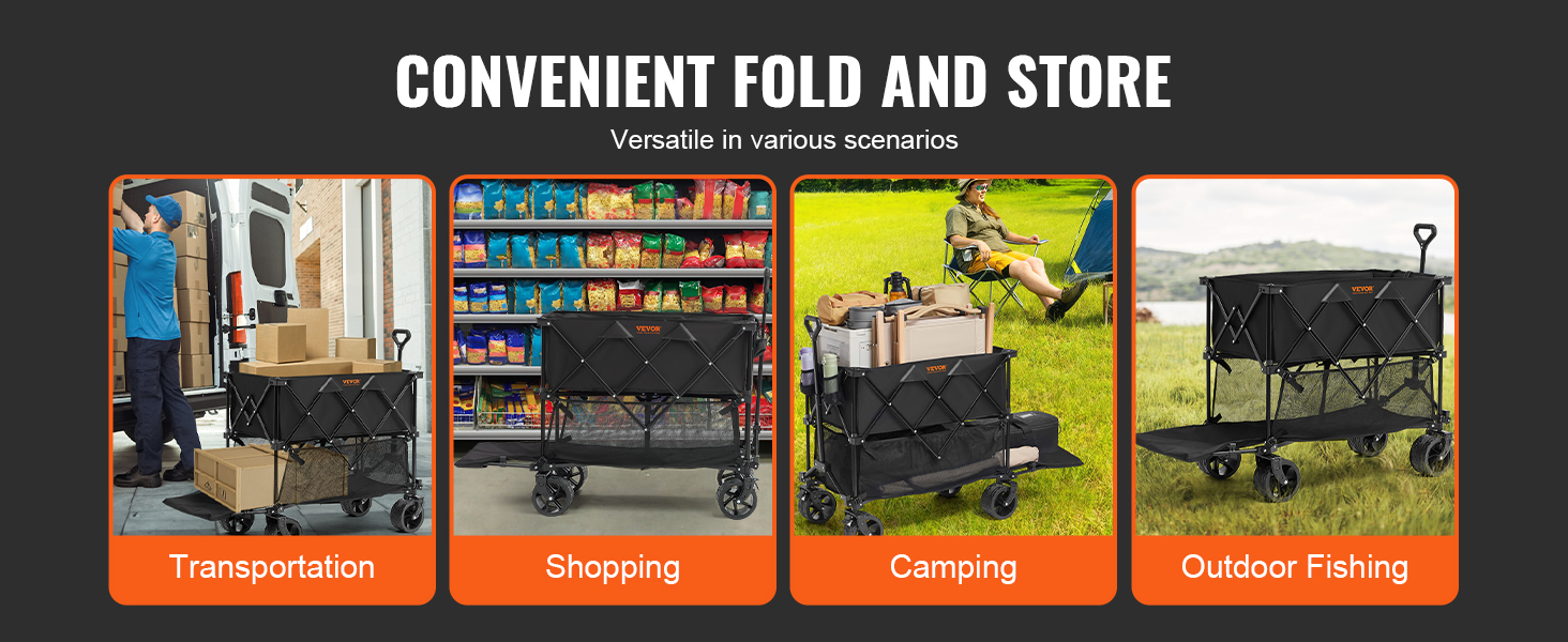 VEVOR foldable double decker wagon for transportation, shopping, camping, and outdoor fishing.