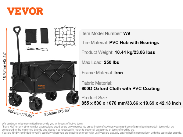 VEVOR folding wagon, iron frame, 600d oxford cloth, pvc hub, max load 250 lbs, includes accessories.
