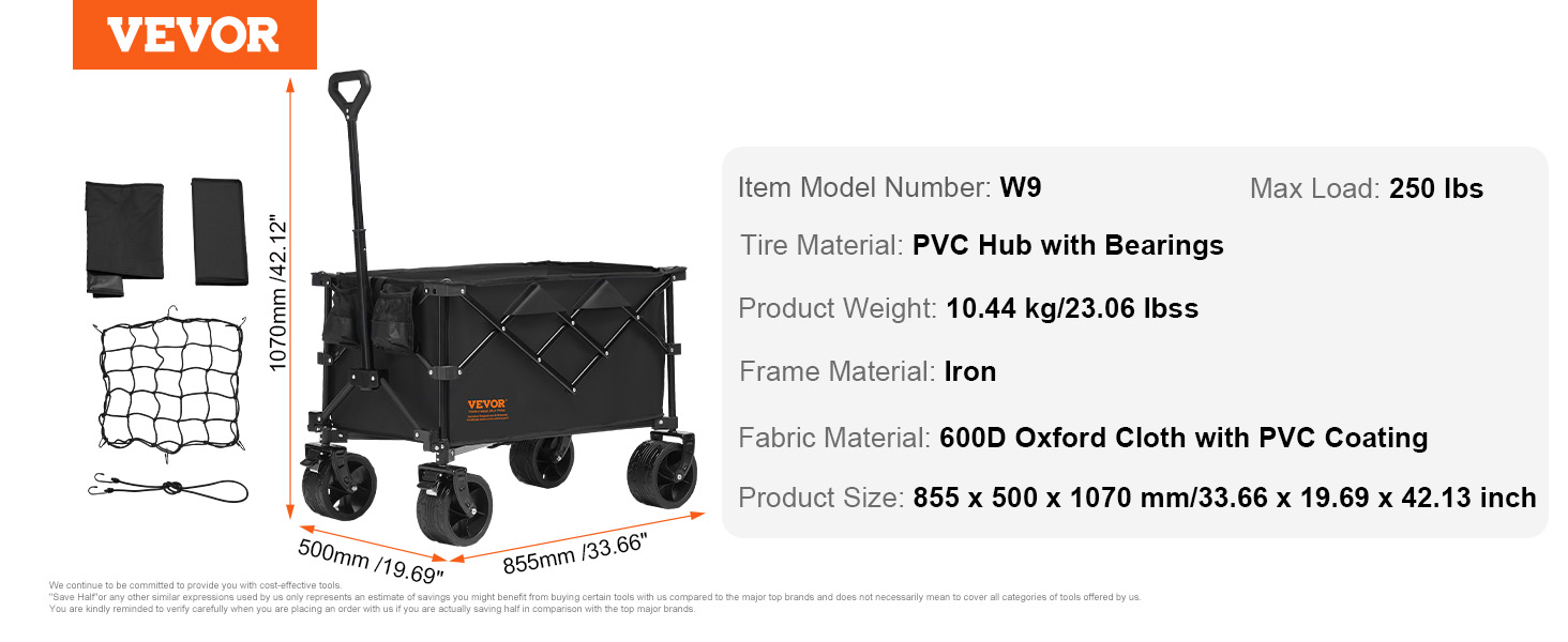 VEVOR folding wagon, iron frame, 600d oxford cloth, pvc hub, max load 250 lbs, includes accessories.