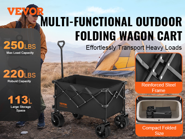 VEVOR folding wagon in a camping scene with a tent, showcasing 250 lbs load capacity and compact storage.